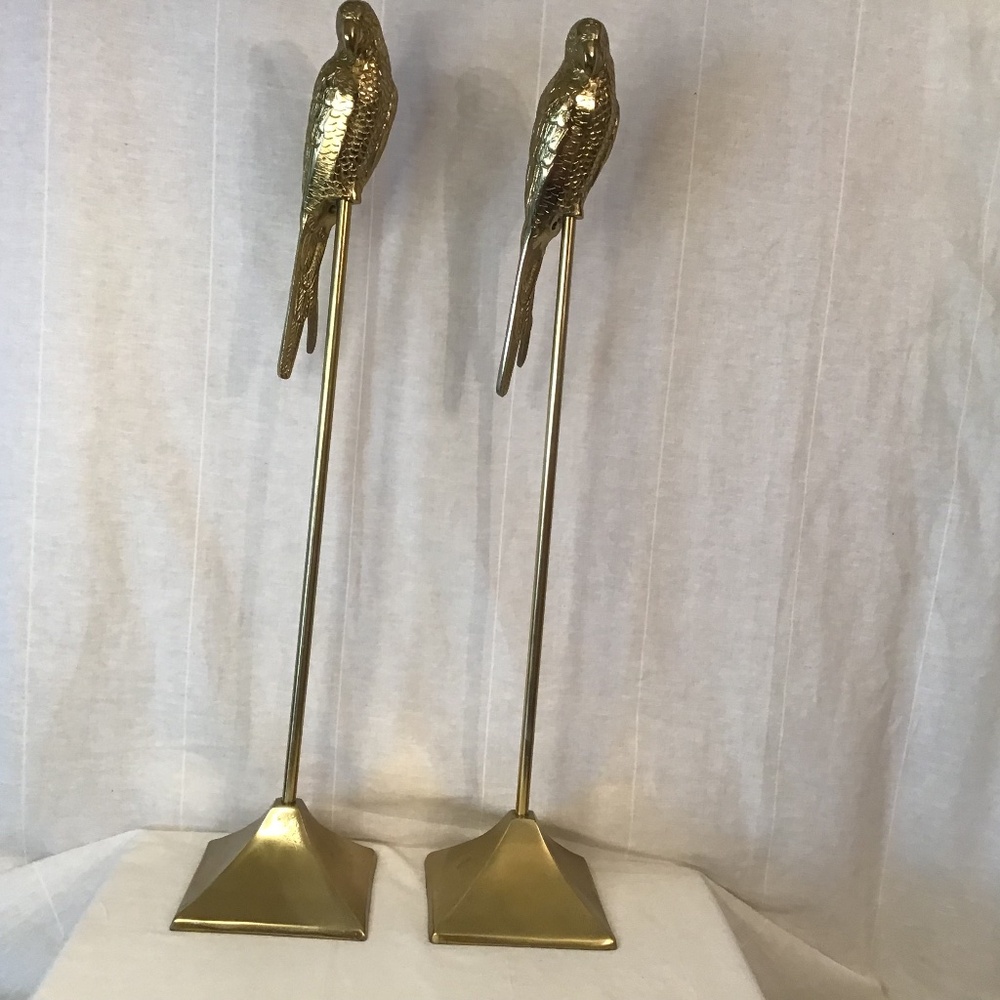 Gold Metal Birds/ Parrots Sculpture Perched on Gold Stand. Set of 2 . 28” H